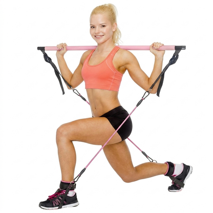 Woman exercising with resistance bands on a white background