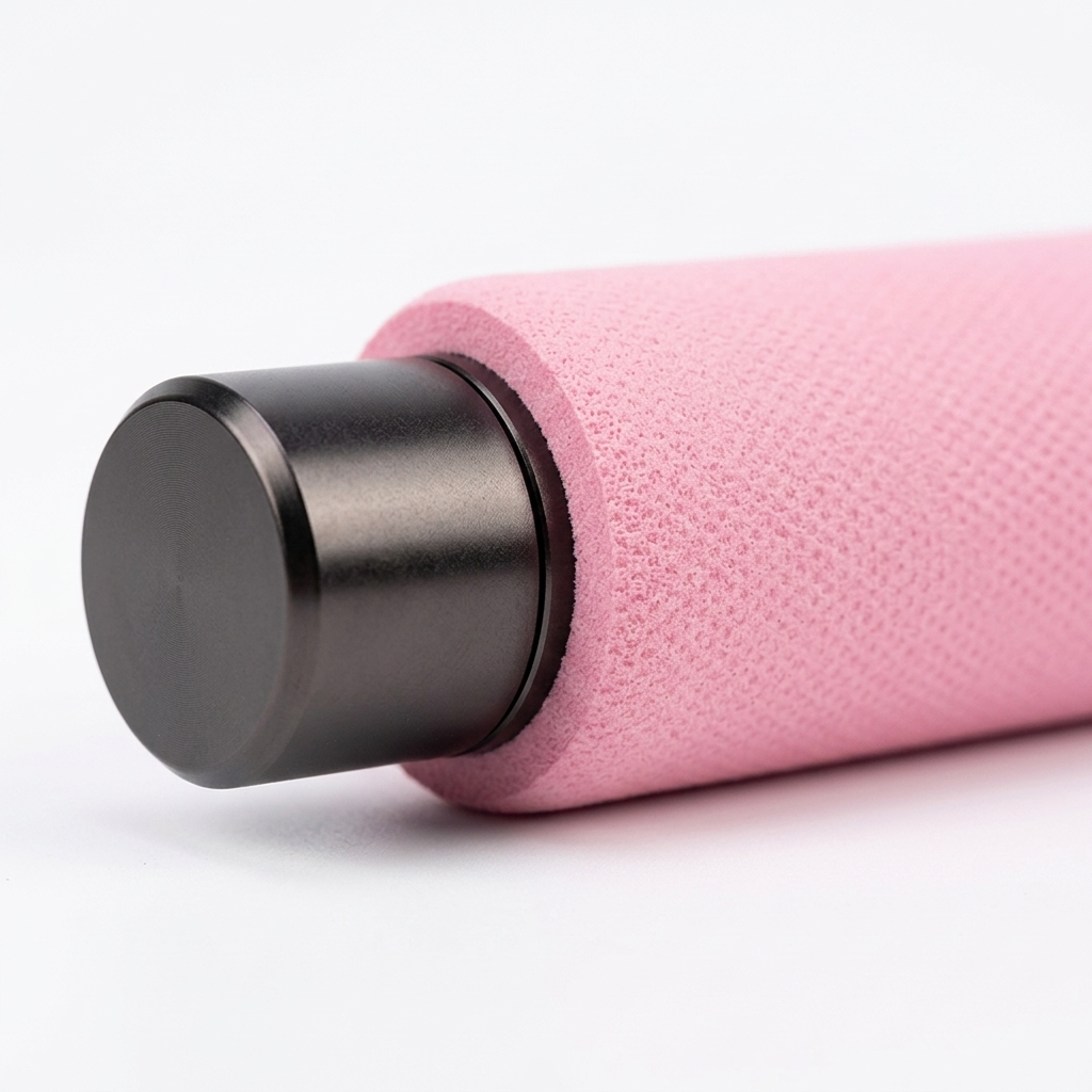 Close-up of a pink cylindrical object with a black metallic cap on a white background