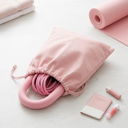 Pink drawstring bag with pink items on a light surface