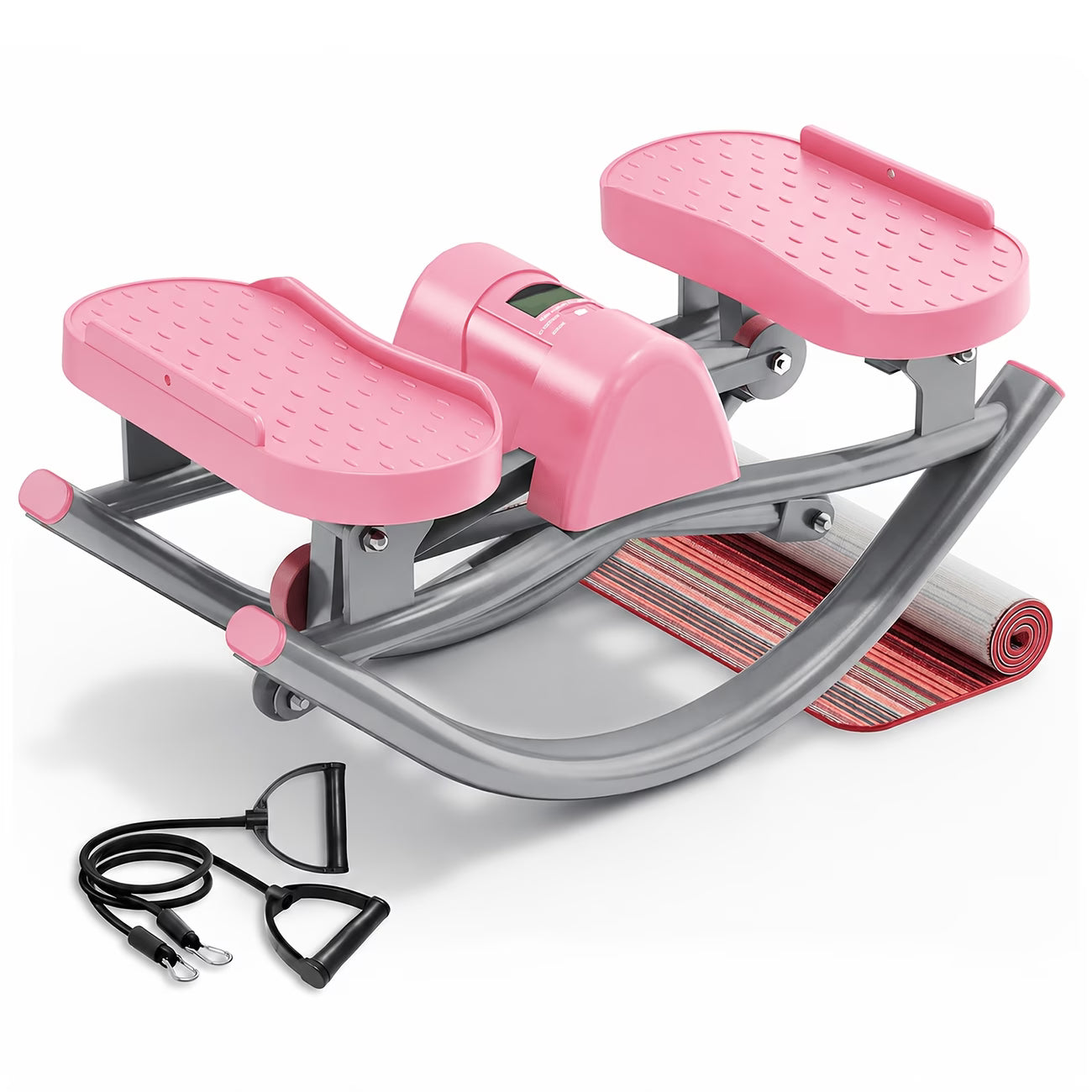 Pink step machine with resistance band and mat on a white background