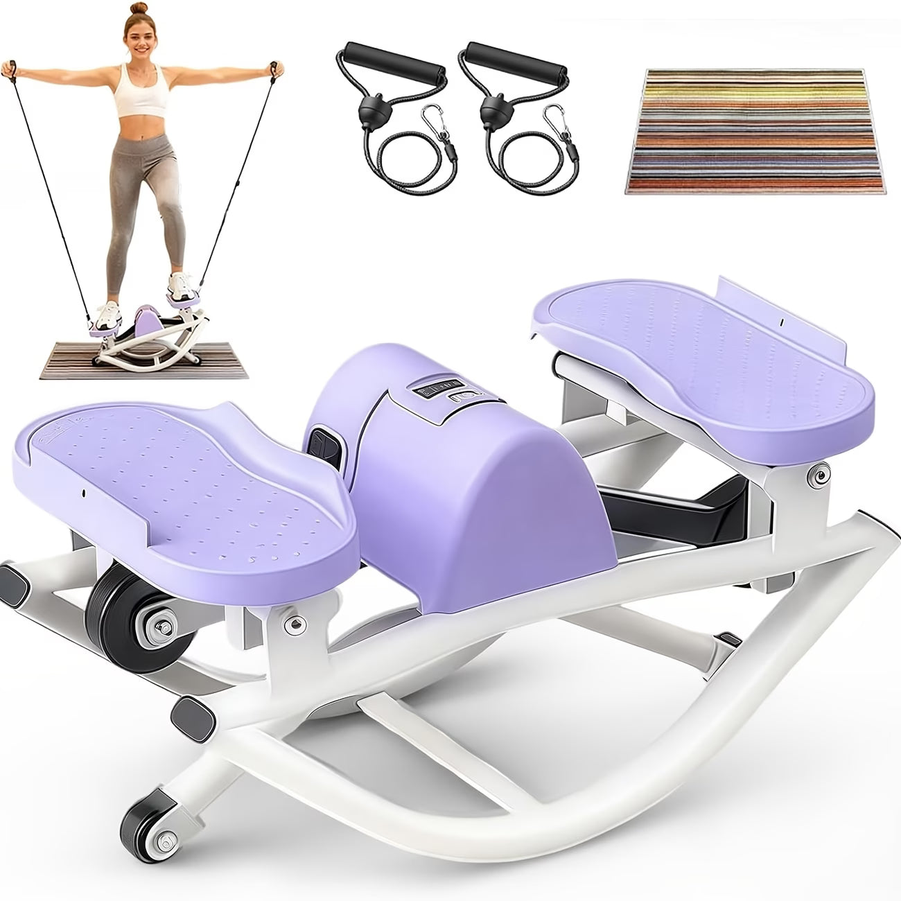 Purple and white exercise machine with resistance bands and a striped mat on a white background