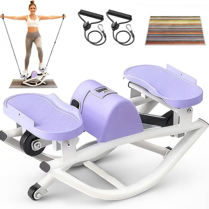 Purple and white exercise machine with resistance bands and a striped mat on a white background