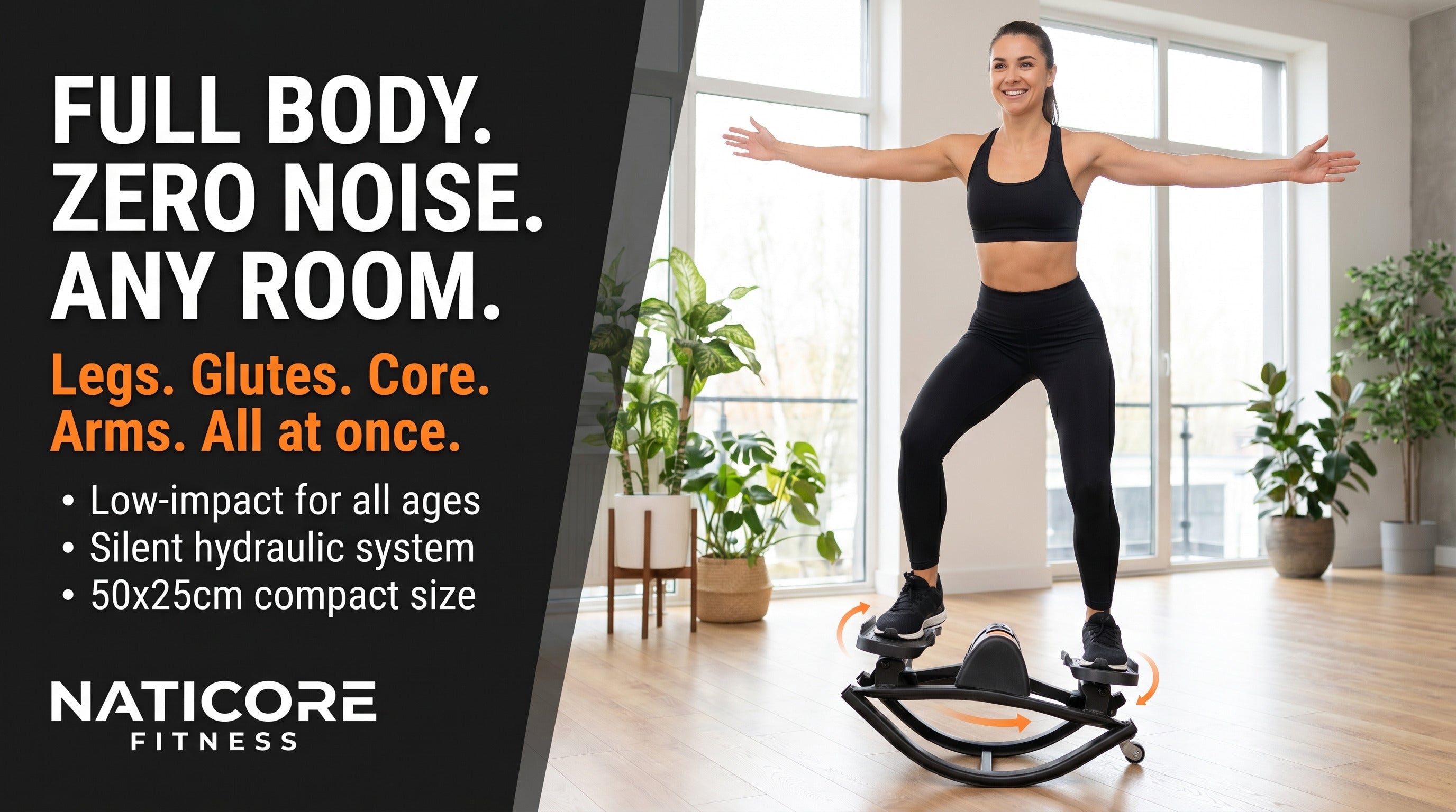 Woman using a Naticore Fitness product in a home setting with promotional text.