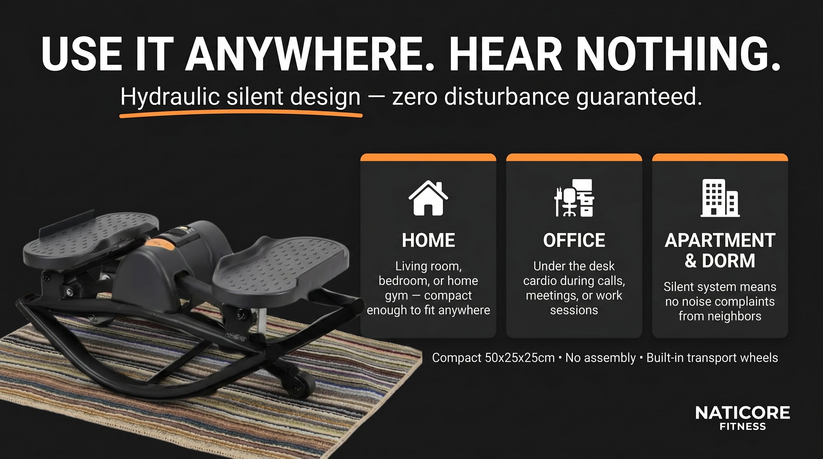 Naticore Fitness device with text highlighting its silent design and portability.