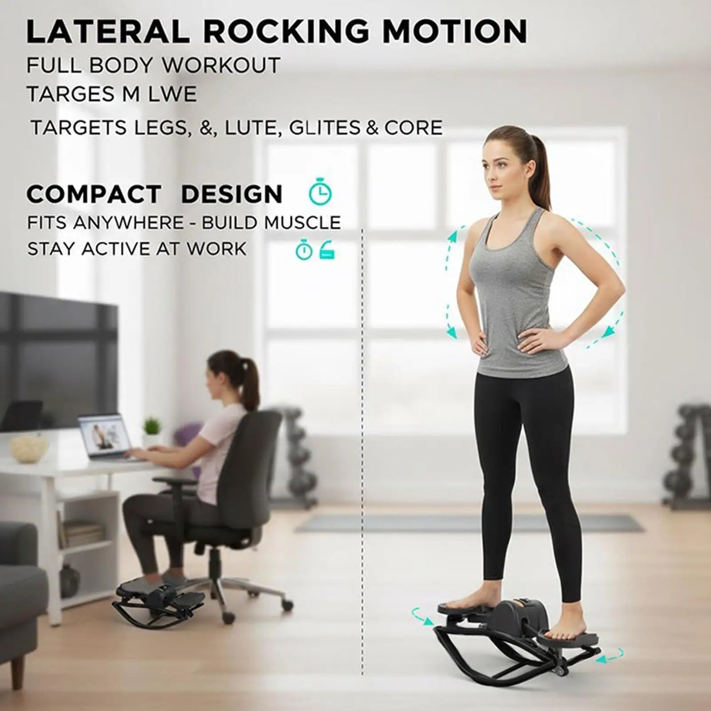 Woman using a compact exercise device in an office setting with text about lateral rocking motion and full body workout.