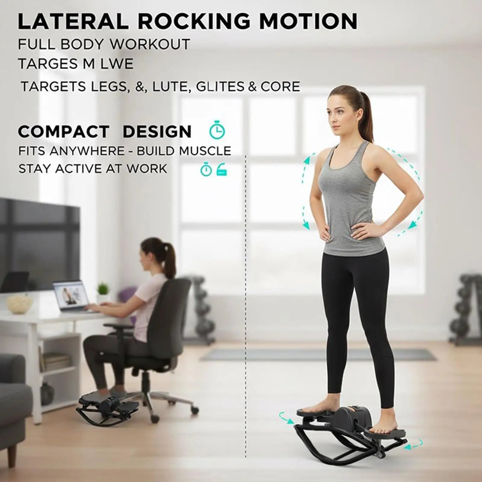 Woman using a compact exercise device in an office setting with text about lateral rocking motion and full body workout.