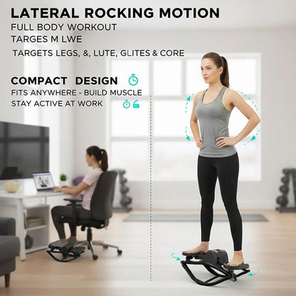 Woman using a compact exercise device in an office setting with text about lateral rocking motion and full body workout.