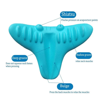 Turquoise neck massager with labeled features on a white background
