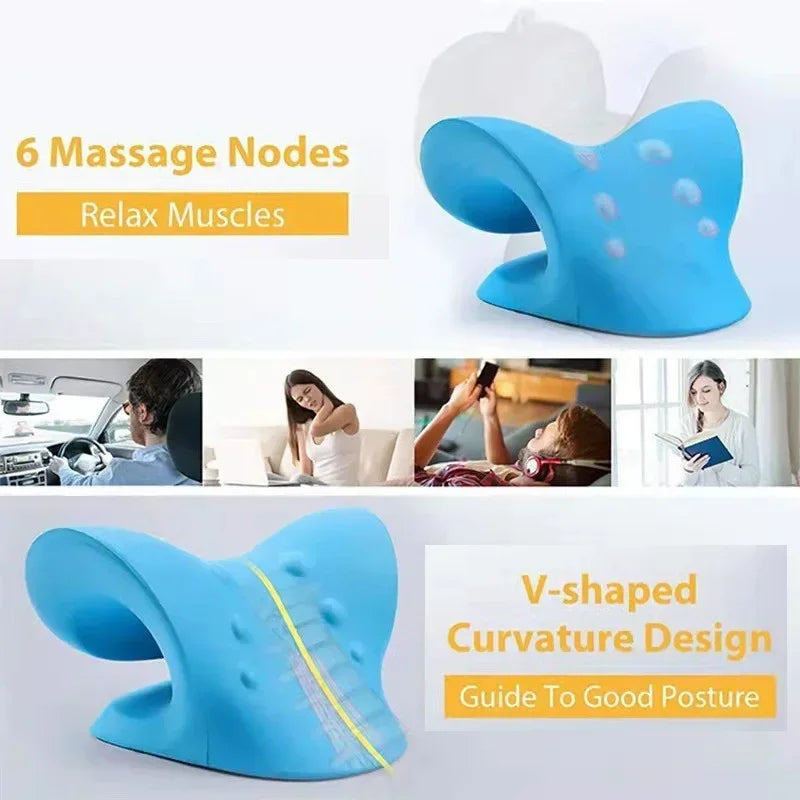 Blue massage pillow with text highlighting features on a white background