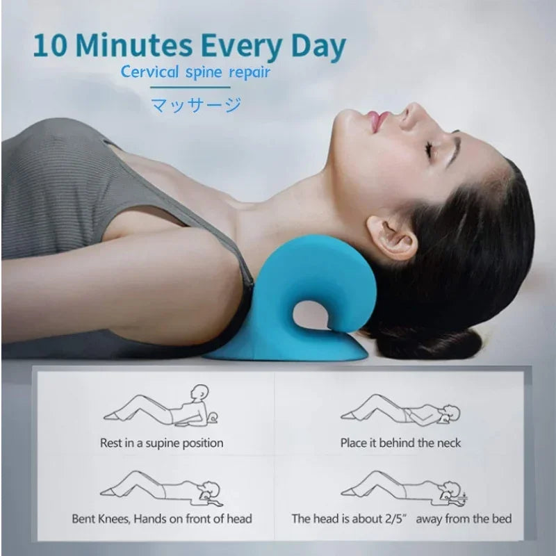 Person using a cervical spine repair device with usage instructions displayed.