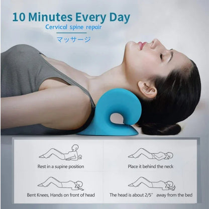 Person using a cervical spine repair device with usage instructions displayed.