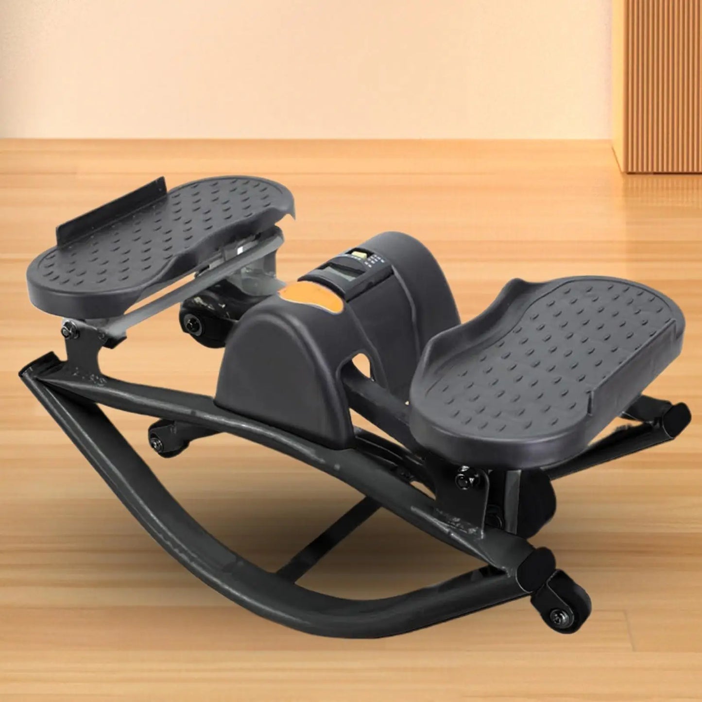 Black exercise device on a wooden floor