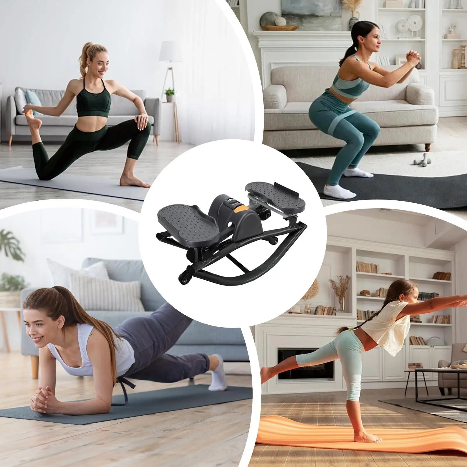 Woman exercising with a home fitness device in a living room setting.