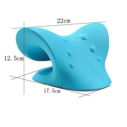 Blue neck pillow with measurements on a white background