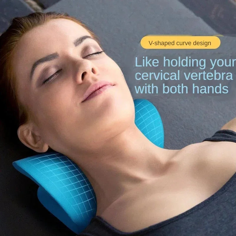 Woman using a blue neck pillow with text describing its design