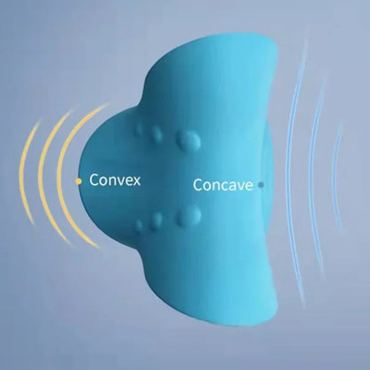 Blue knee pad with convex and concave areas labeled on a light gray background
