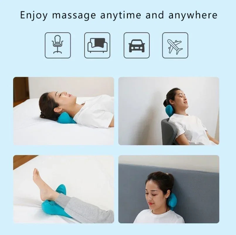 People using a massage pillow in various settings with text 'Enjoy massage anytime and anywhere'.