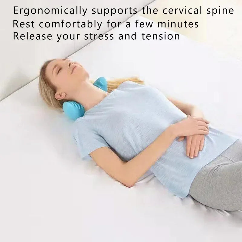 Person using a neck pillow with text about its benefits
