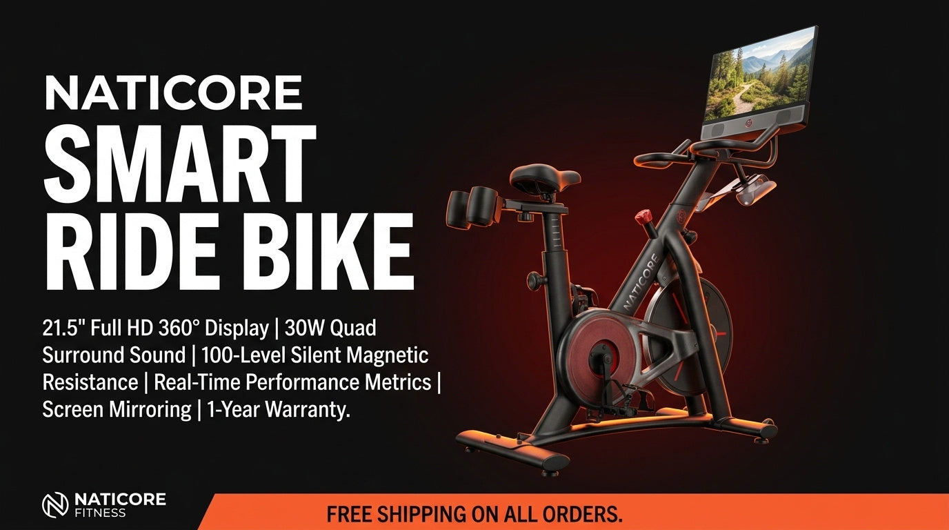 Naticore smart ride bike with features listed on a dark background