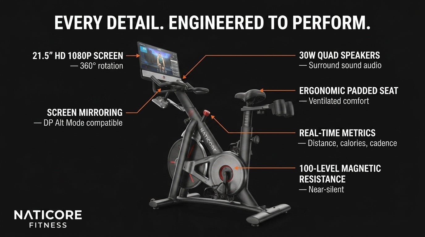 Fitness bike with features highlighted on a black background, branded as Naticore Fitness.