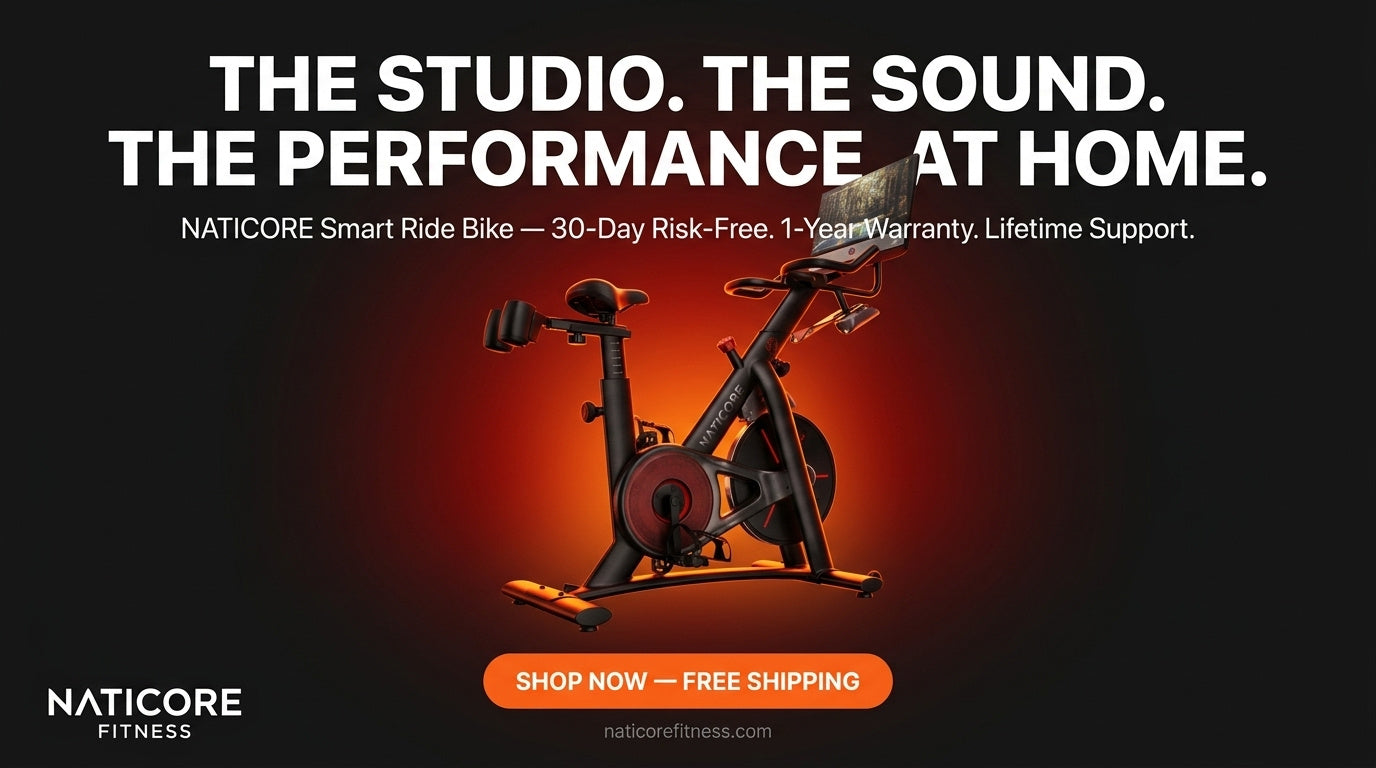 Advertisement for Naticore Fitness smart ride bike with promotional text on a dark background