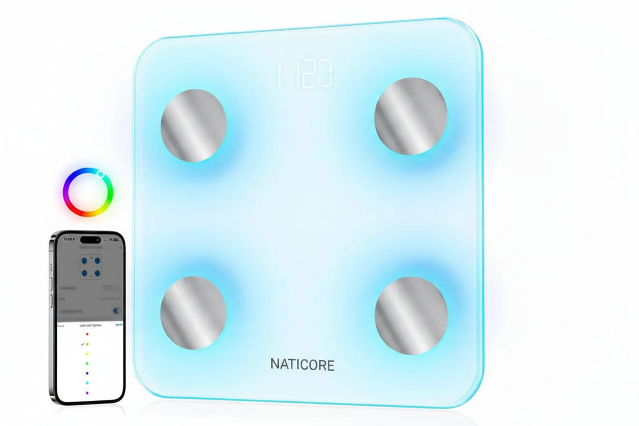 Smart bathroom scale with digital display and smartphone app on a white background