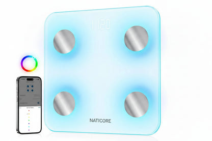 Smart bathroom scale with digital display and smartphone app on a white background