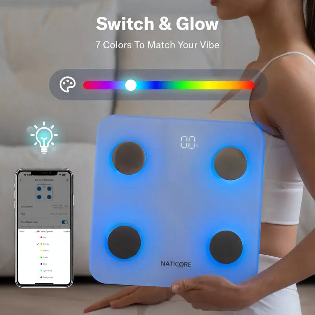 Smart body fat scale with color-changing feature and smartphone app interface, brand 'Alcedo' visible.