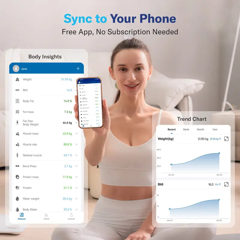 Woman holding a phone displaying health app with 'Sync to Your Phone' text