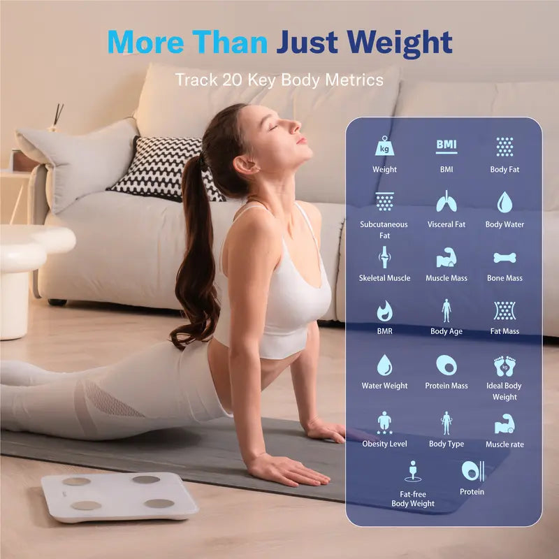 Woman on a yoga mat with a scale and BMI tracker app interface