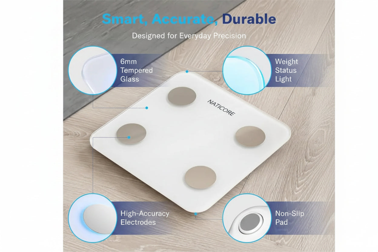 White digital scale with features highlighted on a wooden surface
