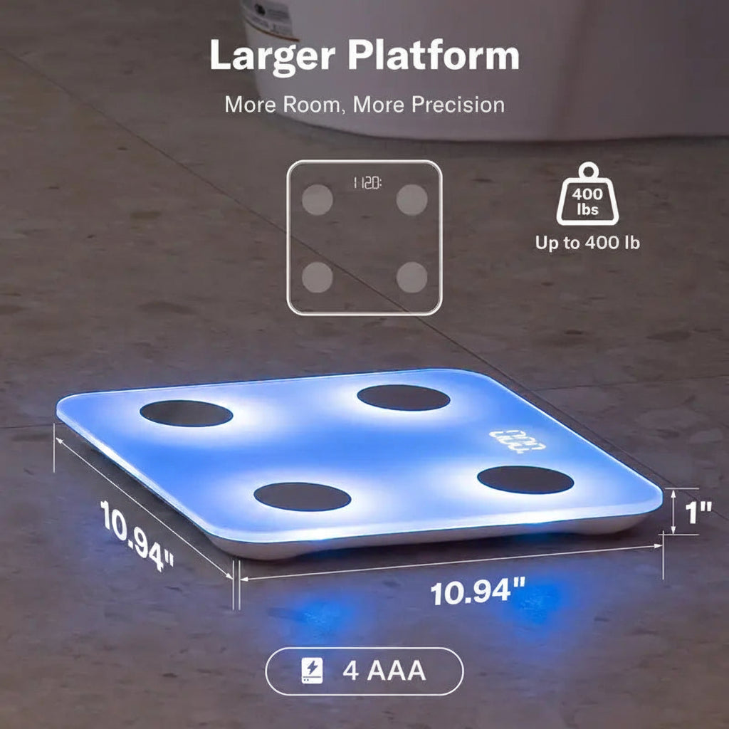 Body fat scale with digital display and measurement details on a textured surface
