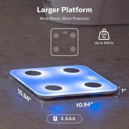 Body fat scale with digital display and measurement details on a textured surface