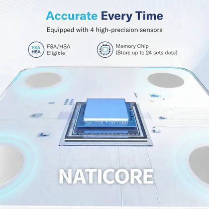 A promotional graphic for a sensor-equipped electronic module, showing a central blue and gray processor chip on a white circuit-board-style base with glowing blue circular accents. Text at the top reads 'Accurate Every Time' and mentions four high-precision sensors, FSA/HSA eligibility, and a memory chip storing up to 24 sets of data.