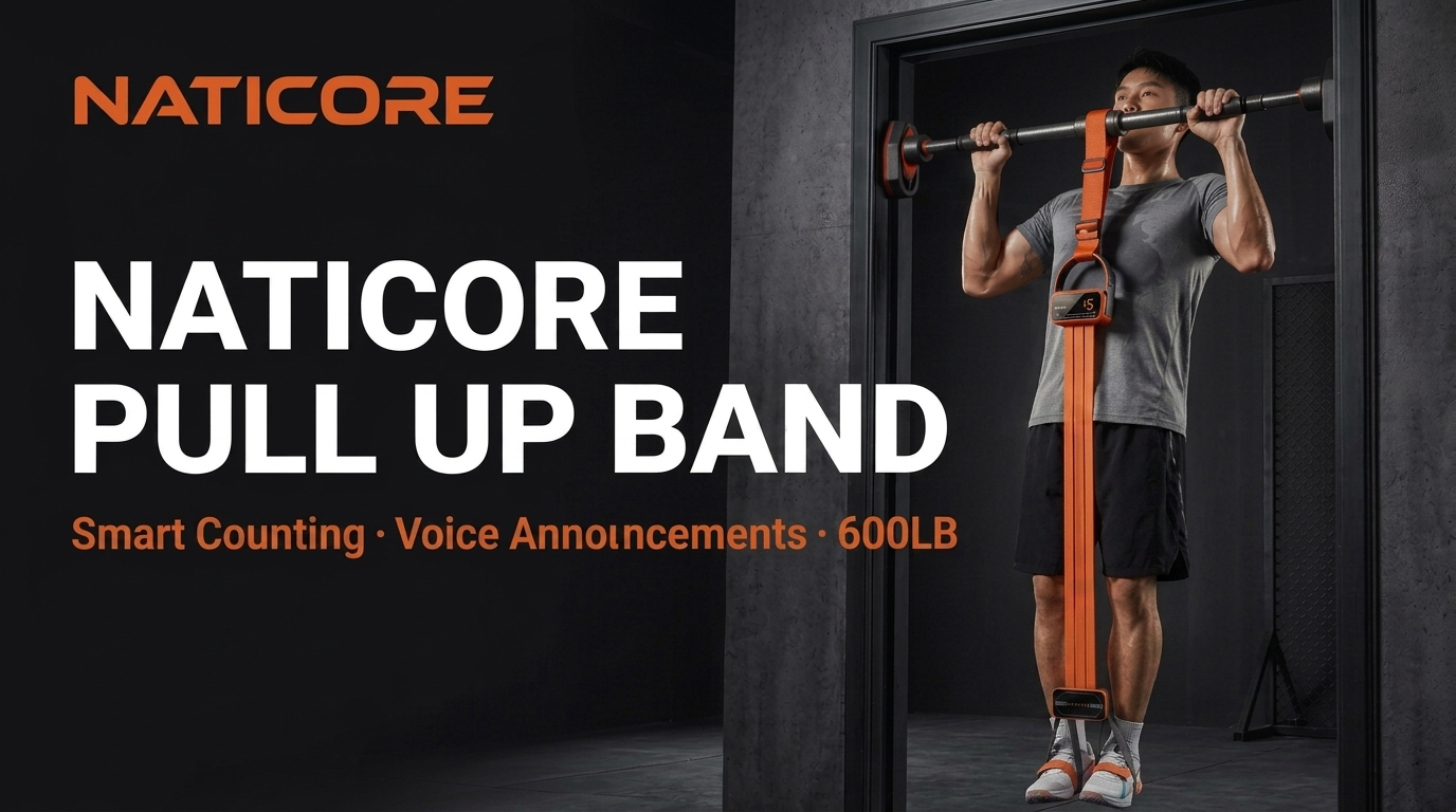 Person using a Naticore pull-up band with text about features on a dark background