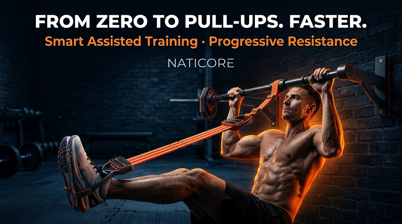 Man performing pull-ups with Naticore fitness equipment against a dark brick wall.