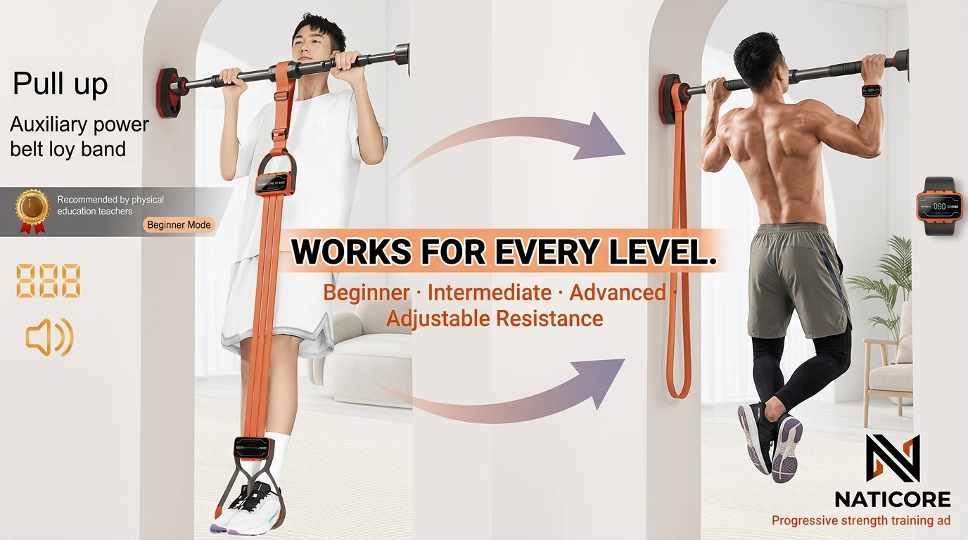 Advertisement for Naticore resistance band system with two people using it, highlighting adjustable resistance levels.