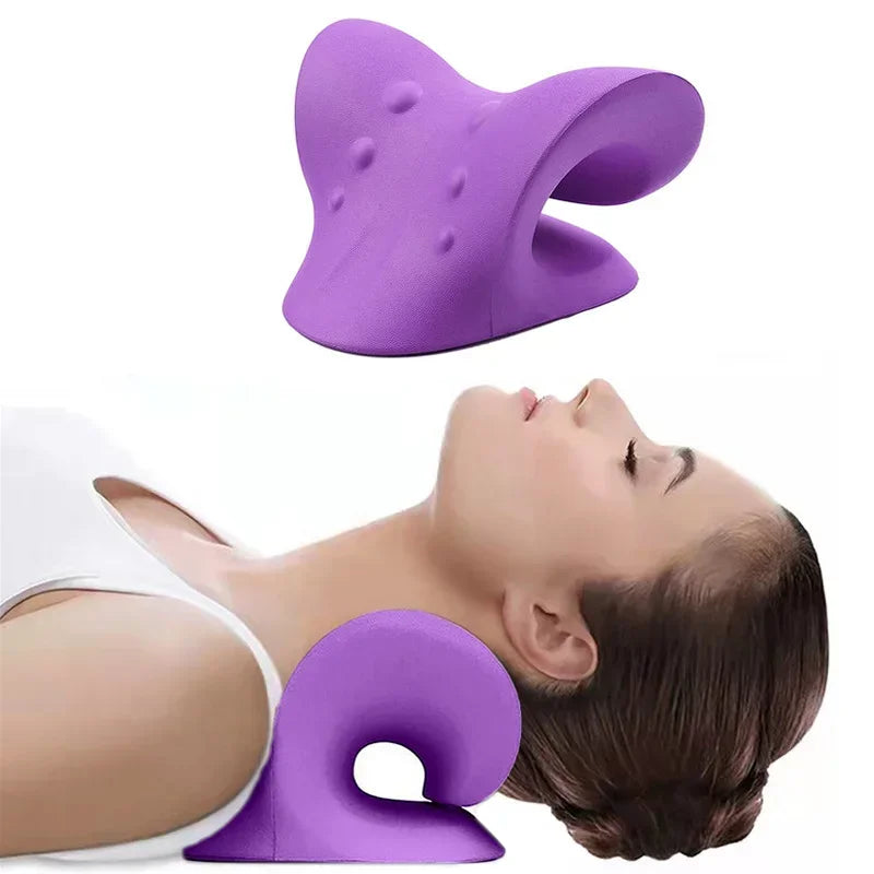 Purple neck massager being used by a person on a white background