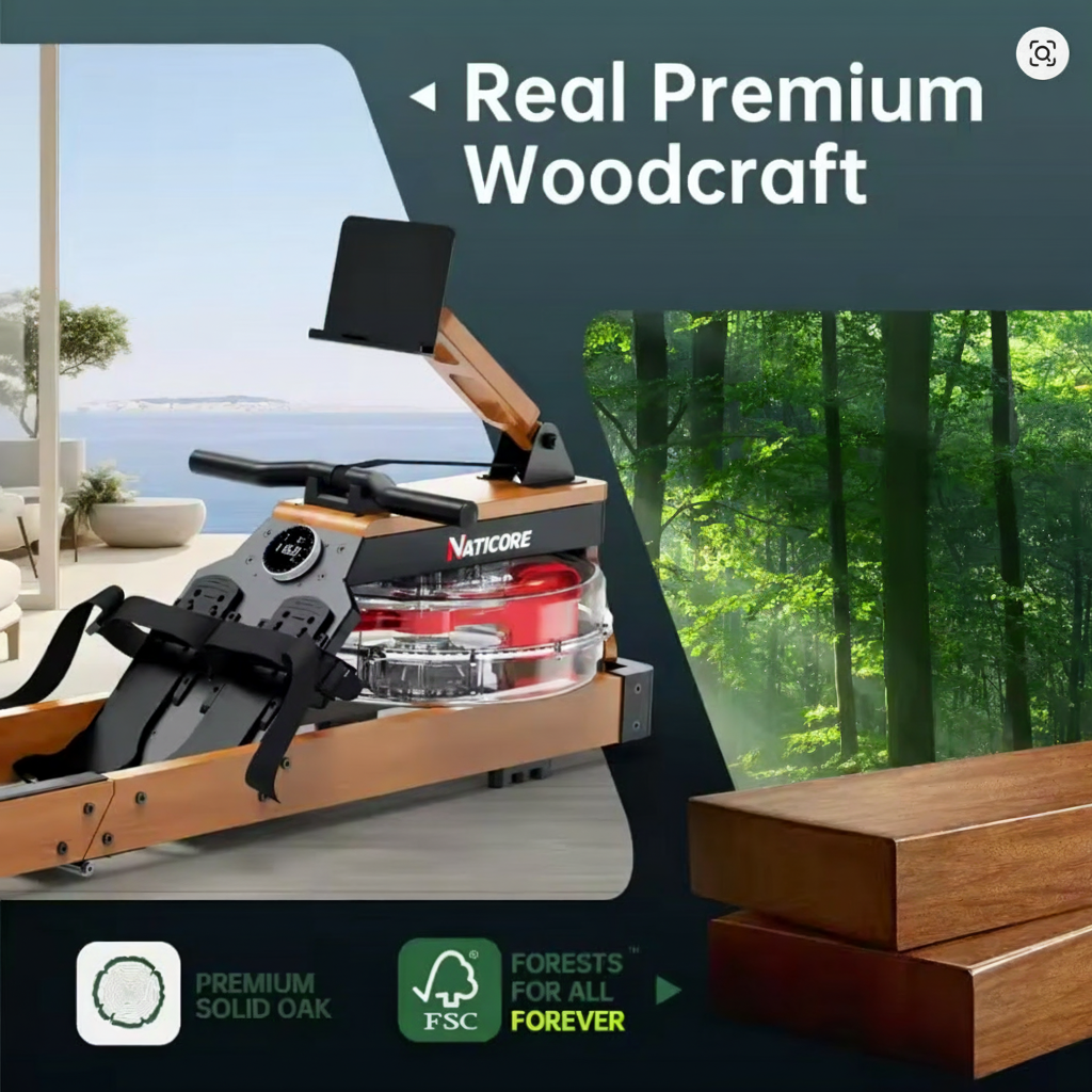 Water Rowing Machine Oak Wood 350LB Kinomap Bluetooth | NATICORE