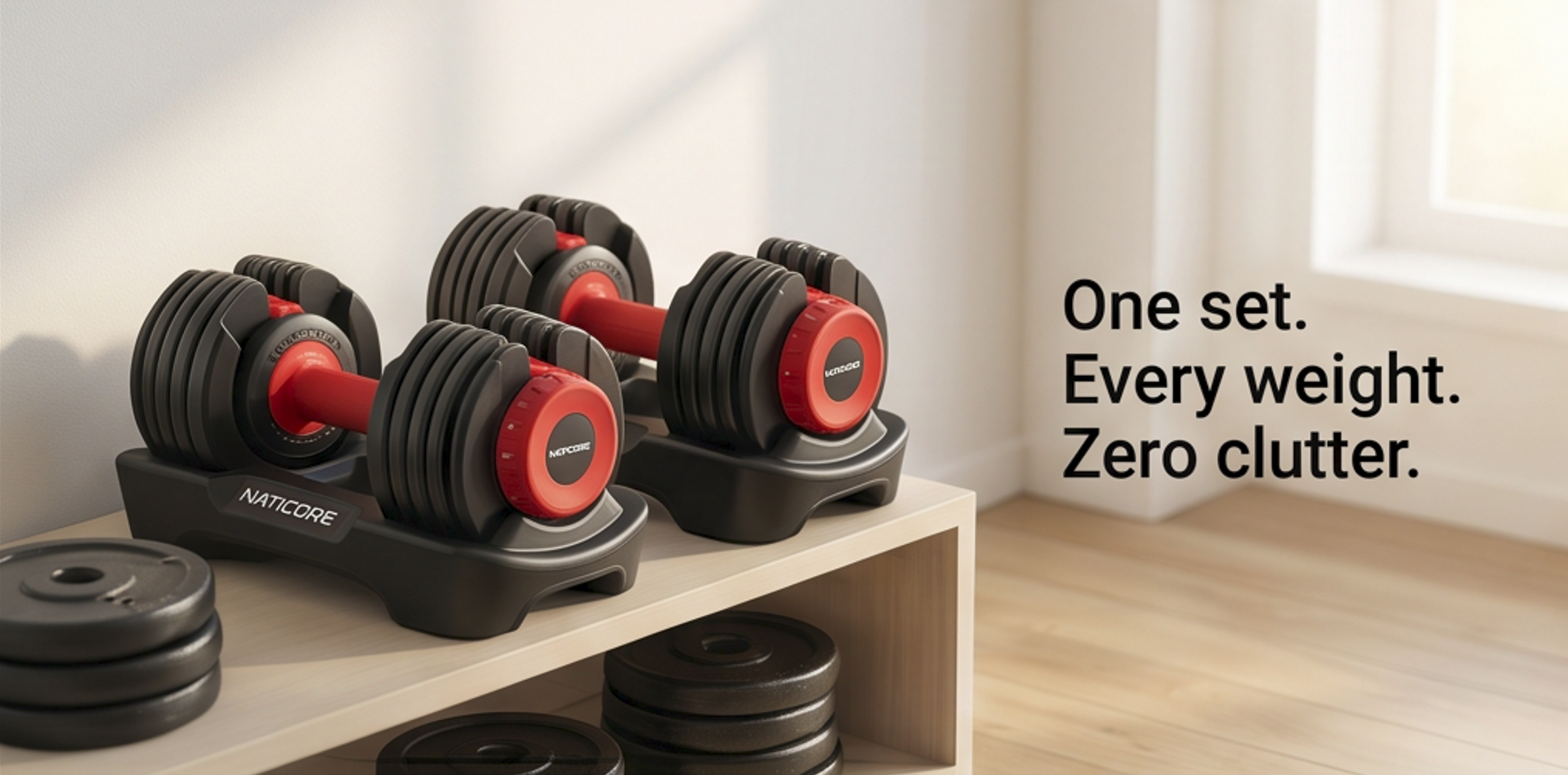 Set of adjustable dumbbells on a wooden shelf with text highlighting their features.