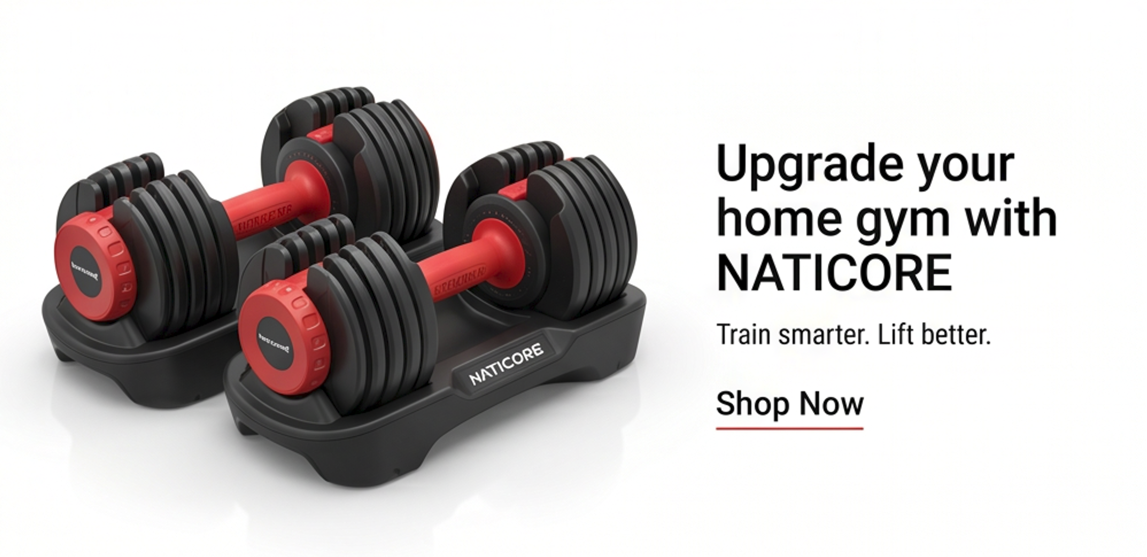 Pair of Naticore adjustable dumbbells on a white background with promotional text.