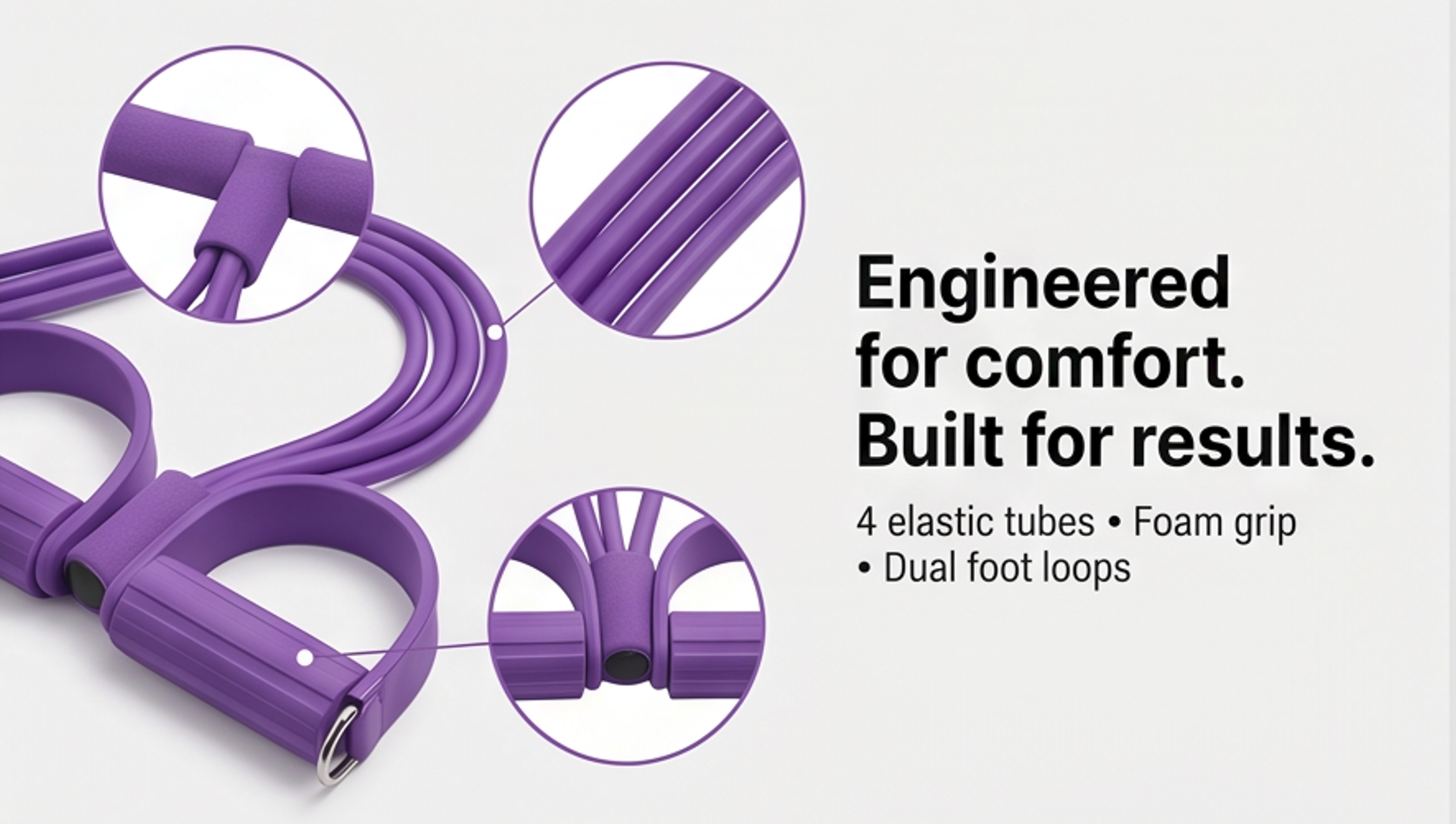 Purple resistance band with text highlighting features on a white background