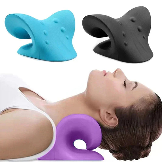 Three neck pillows in blue, black, and purple with a person using a purple pillow.