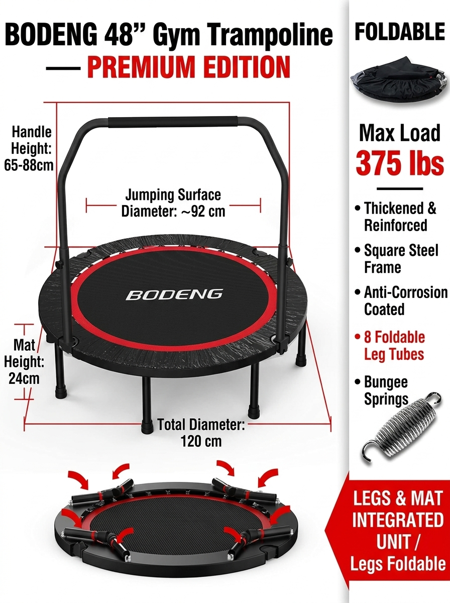 BODENG 48-inch Gym Trampoline with features and specifications on a white background