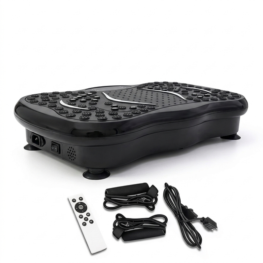 Black vibration plate with remote control and cables on a white background
