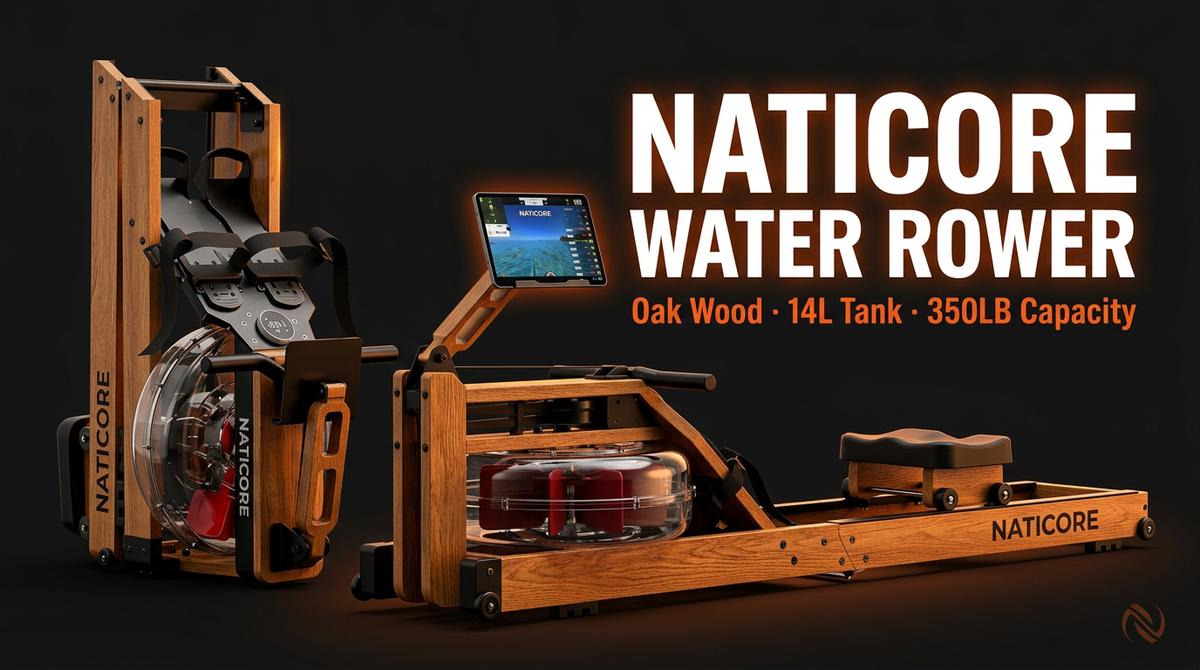 Water Rowing Machine Oak Wood 350LB Kinomap Bluetooth | NATICORE