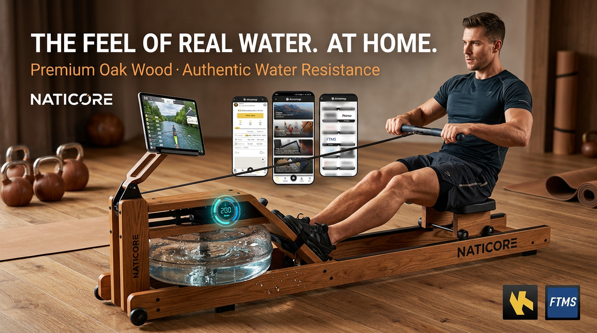 Water Rowing Machine Oak Wood 350LB Kinomap Bluetooth | NATICORE
