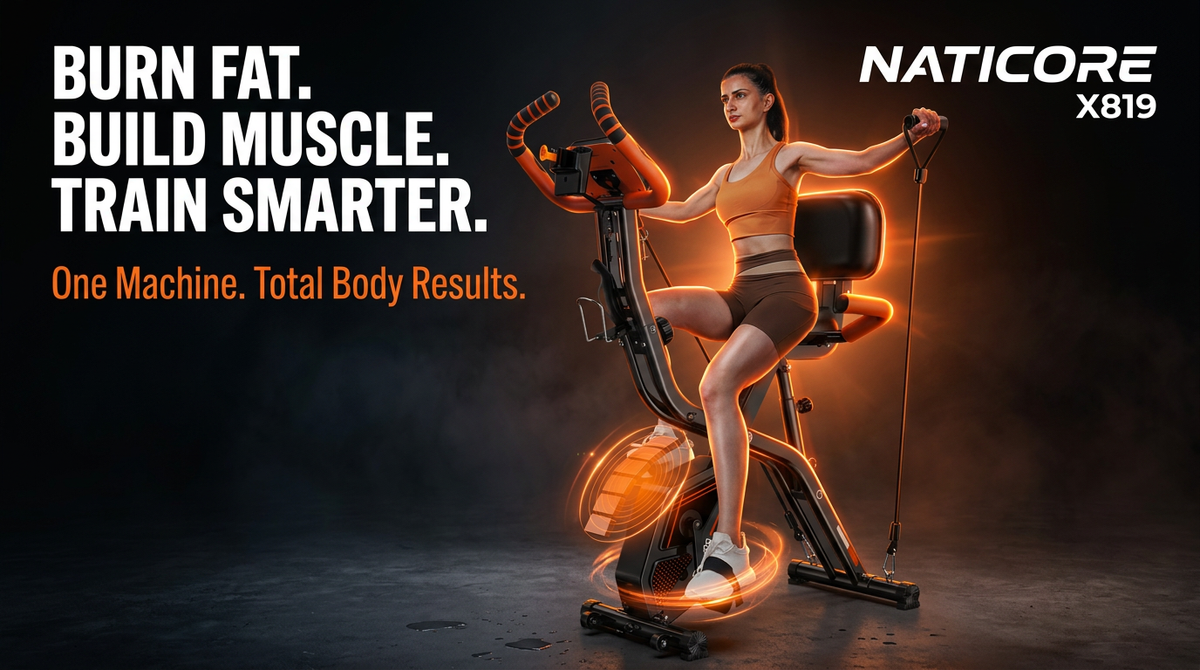 NATICORE X819 4-in-1 Foldable Exercise Bike – Full Body Home Cardio & Strength Trainer with LCD Monitor