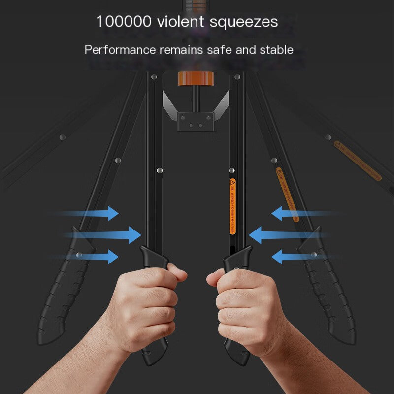 Two hands squeezing a mechanical device with text about its durability.