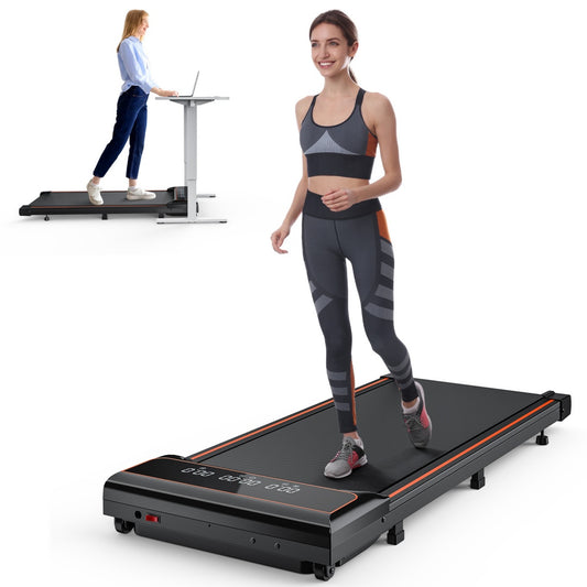 Woman walking on NATICORE compact walking pad treadmill for home and under desk office use